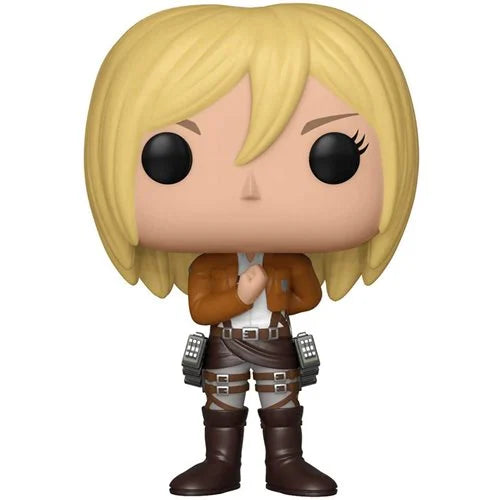 Funko Pop! Vinyl Figure of Christa (Historia Reiss) from Attack on Titan with blonde hair, brown Survey Corps uniform, and clasped hands in salute pose.