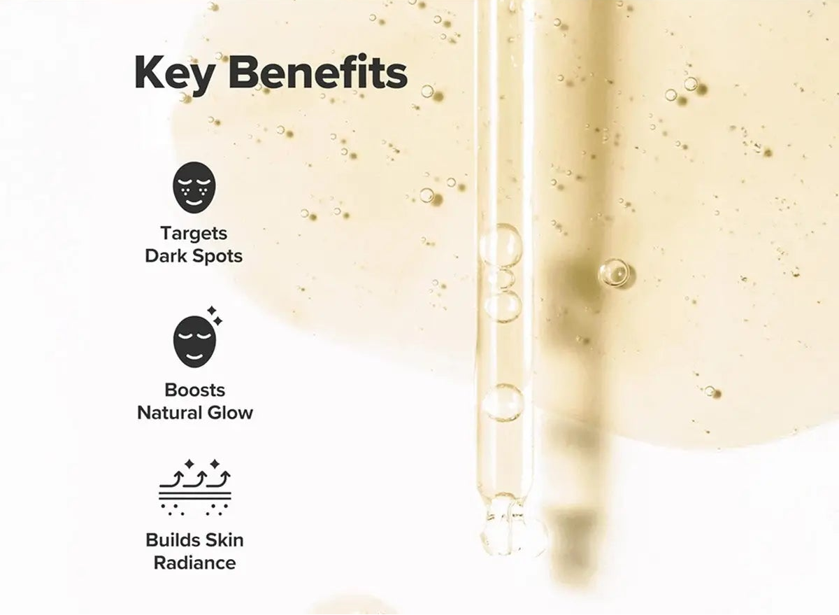 Skincare serum bottle with key ingredients and benefits on a light background