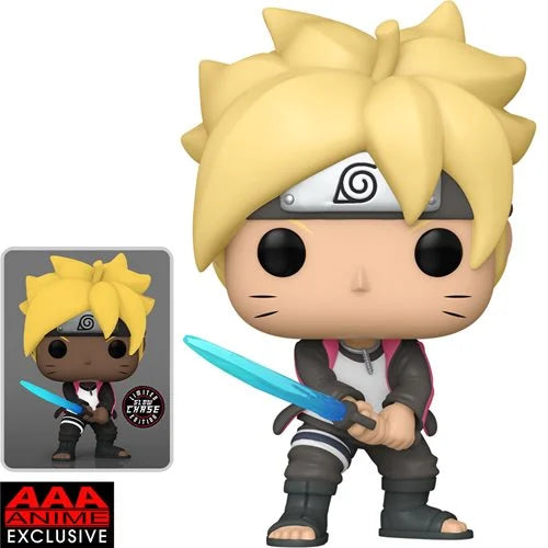 Boruto Chakra Blade Funko Pop! Vinyl Figure – AAA Anime Exclusive, featuring Boruto with glowing blue sword, whisker marks, Leaf Village headband, and black/pink outfit. Includes Chase Edition thumbnail image.