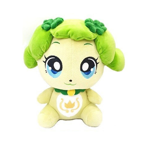 Catch! Teeniping Chachaping plush doll with green clover-shaped hair, blue eyes, and embroidered crown emblem on belly.