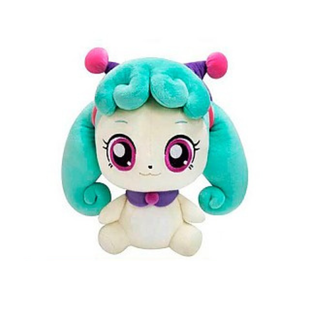 Catch! Teeniping Wishping plush doll with teal spiral pigtails, pink eyes, heart-shaped bangs, and a purple jester cap.