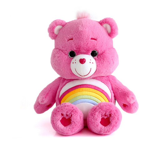 "Cheer Bear Care Bears plush toy in bright pink with rainbow belly badge – soft stuffed animal for kids, gift for positivity lovers and plush collectors"