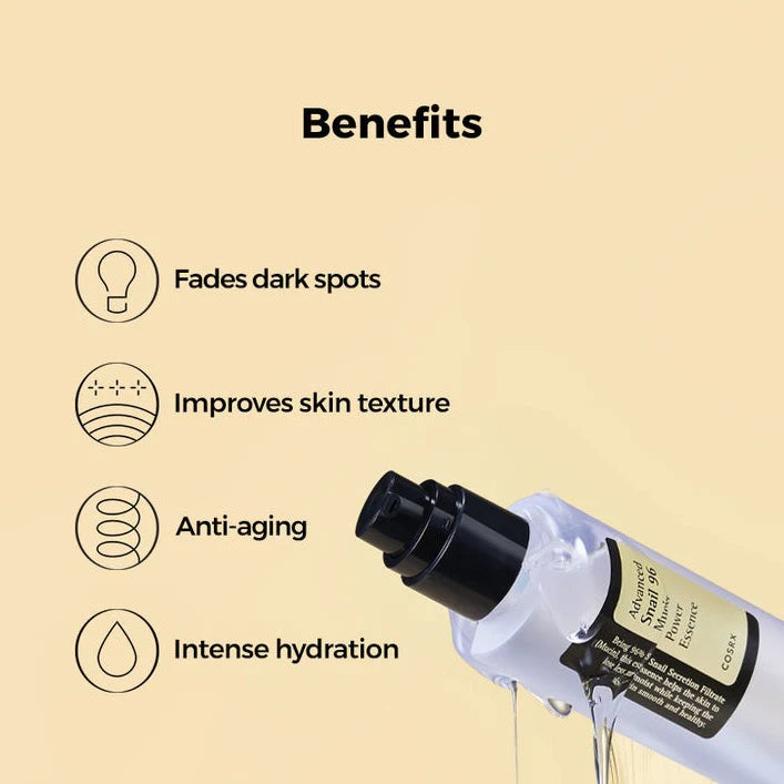 Cosmetic bottle with dropper and text listing benefits on a beige background