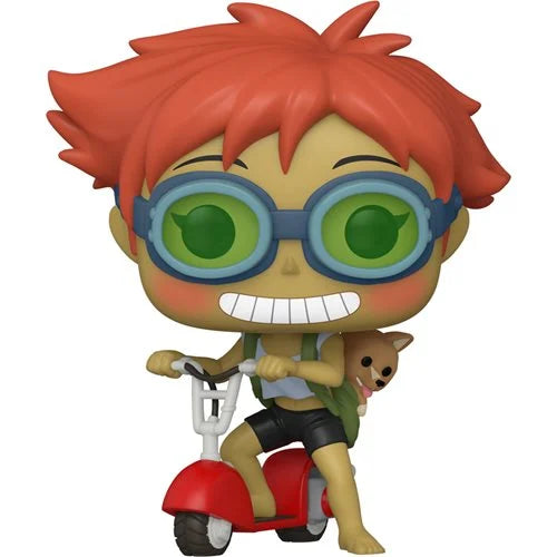 Funko Pop! Cowboy Bebop Ed and Ein vinyl figure featuring Ed with red hair, green goggles, riding a red scooter with Ein the corgi peeking from her backpack.