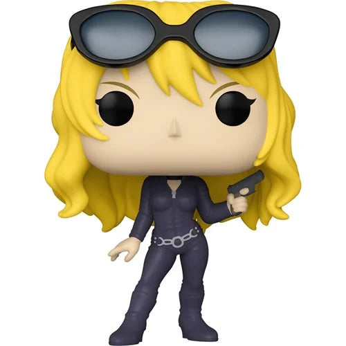 Funko Pop! Cowboy Bebop Julia vinyl figure featuring Julia in a black jumpsuit with long blonde hair, sunglasses on head, and holding a small pistol.