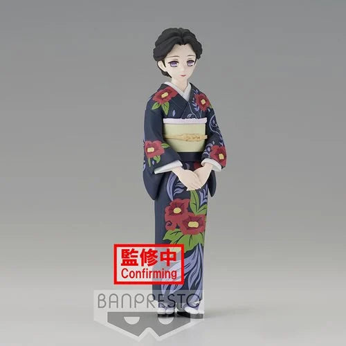 Banpresto statue of Tamayo from Demon Slayer: Kimetsu no Yaiba, wearing a dark floral-patterned kimono with red flowers and a cream obi, standing gracefully with hands folded.
