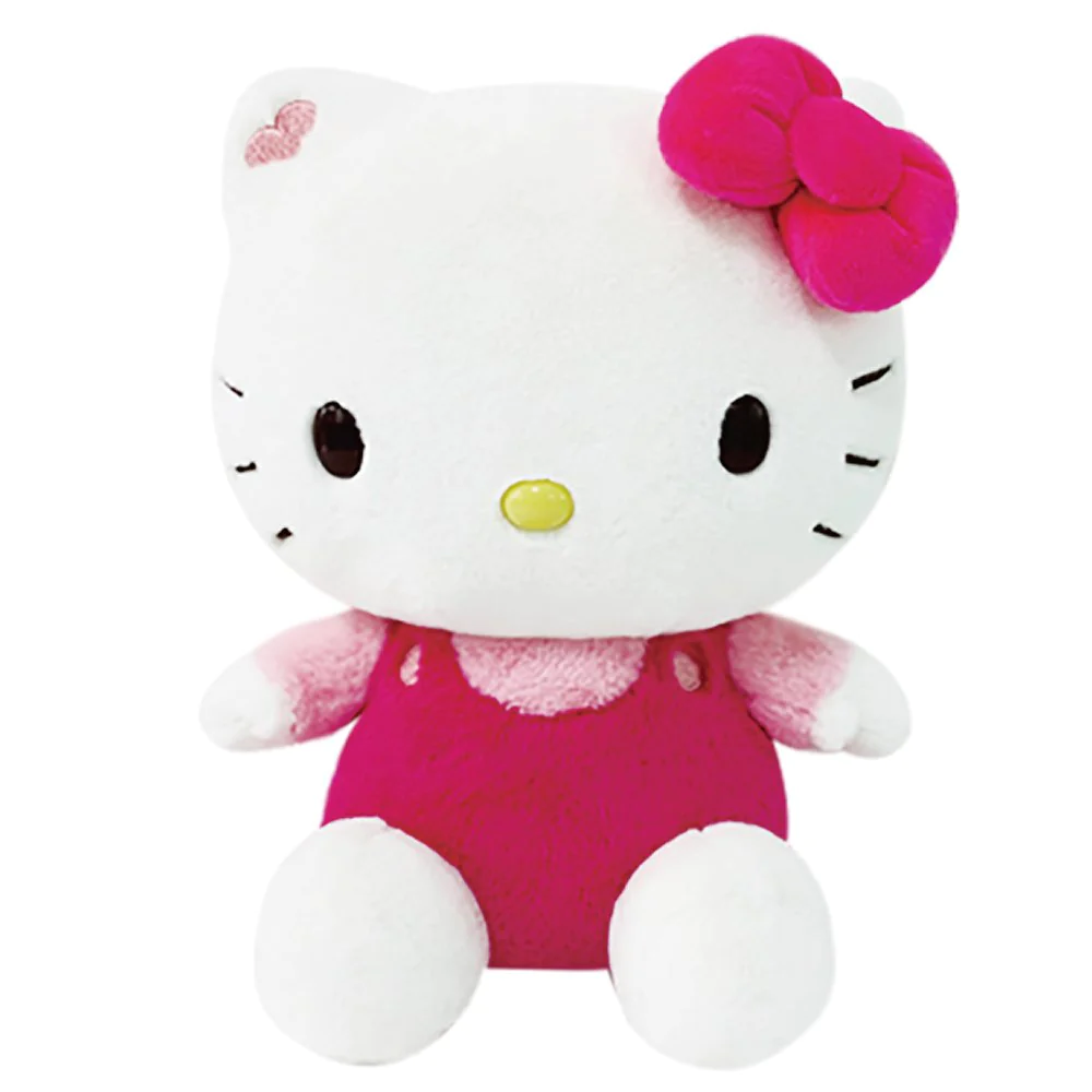 Hello Kitty plush doll wearing a pink jumper with matching pink bow on her left ear, soft white body, yellow nose, and a small embroidered pink heart above her left eyebrow. Classic Sanrio character plush.