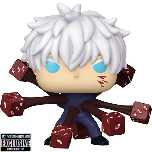 Jujutsu Kaisen Satoru Gojo Trapped Funko Pop! Vinyl Figure #1888 with white hair, glowing blue eyes, and black tendrils with red dice, Entertainment Earth Exclusive.