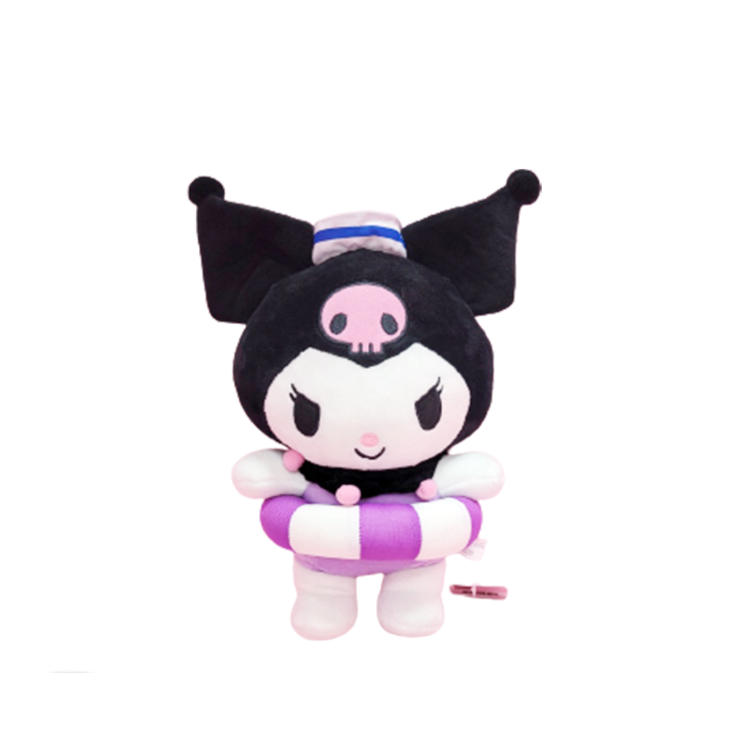 "Kuromi Sanrio plush toy wearing purple-striped swimming tube and sailor hat – summer-themed stuffed animal for collectors, beach lovers, and kawaii fans"