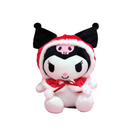 Kuromi plush toy in red winter cape with white fur trim and pink skull headpiece — festive Sanrio character stuffed doll perfect for Christmas gifting and kawaii collectors.