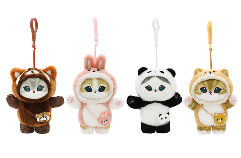 Brown raccoon, pink bunny, black-and-white panda, and beige bear cat plush keychains in 10 cm costume design, shown as a 4-style collection.