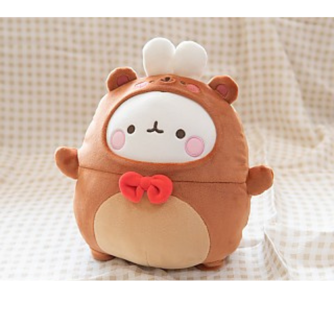 Molang plush toy collection dressed in various animal costumes including a bear, duck, pink bunny, penguin, and squirrel, all featuring soft round bodies and adorable facial expressions – ideal for kawaii collectors and cozy decor.
