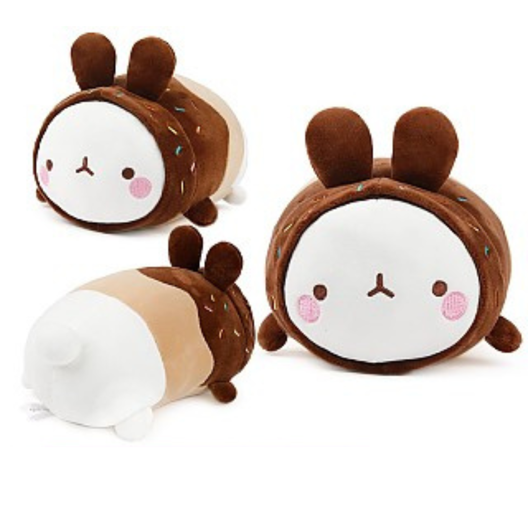 Molang Mochi plush toy collection featuring bee, bear, and bunny-themed Molang characters in yellow, brown, and pink colors, made with soft mochi fabric – perfect for kawaii lovers and cuddly gift ideas.