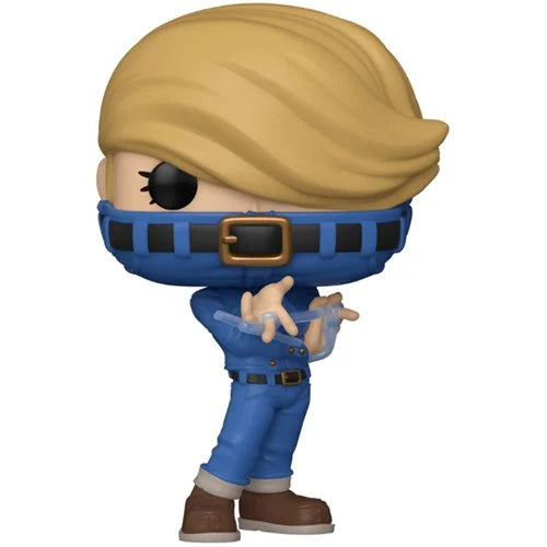 Funko Pop! vinyl figure of Best Jeanist from My Hero Academia, wearing blue denim suit with high belt mask, blonde side-swept hair, and translucent fiber thread effects.