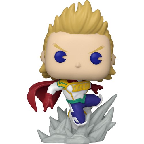 Funko Pop! Vinyl Figure of Mirio Togata (Lemillion) from My Hero Academia, wearing his hero costume with a red cape and dynamic action pose on a gray Quirk-effect base.
