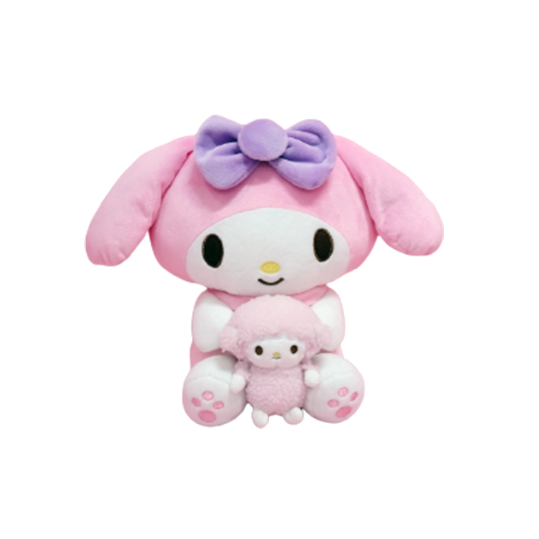 My Melody plush toy in pink with purple bow holding a mini plush lamb, featuring soft pastel colors and adorable paw details.