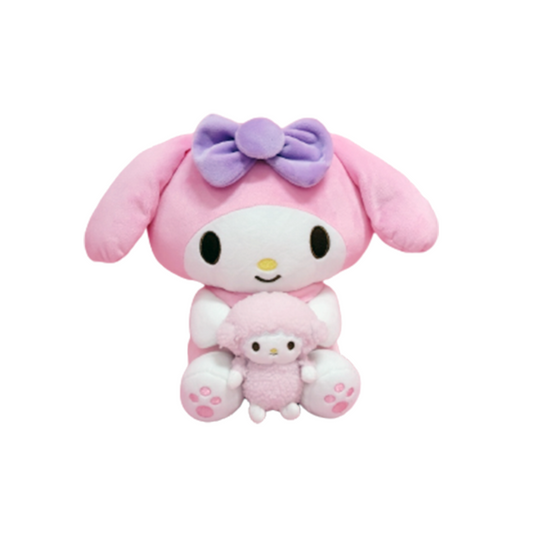 My Melody plush toy in pink with purple bow holding a mini plush lamb, featuring soft pastel colors and adorable paw details.