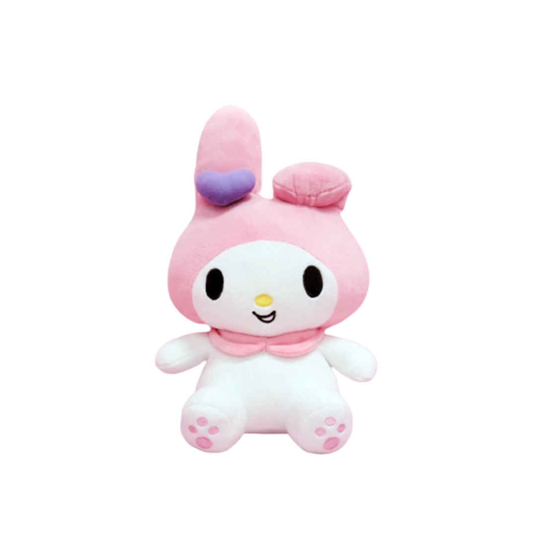 "My Melody plush toy with giggle smile, pink hood, and purple heart ear accent – Sanrio stuffed animal for kawaii fans, kids, and joyful gift ideas"
