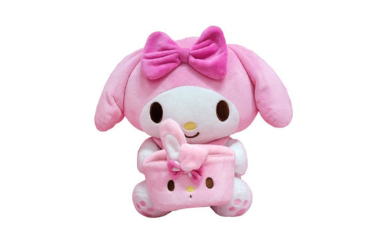 Kawaii My Melody plush toy in pink with big bow holding matching mini plush basket – soft Sanrio stuffed animal perfect for gifts, kids, and collectors