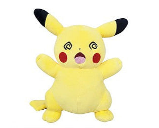 Funny Pikachu plush toy with spiral eyes and open mouth expression, soft yellow Pokémon stuffed animal perfect for fans and collectors looking for unique character variations.