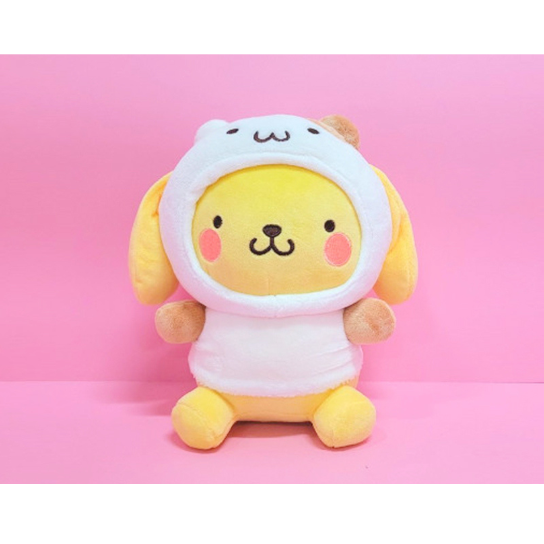 "Pompompurin Sanrio plush toy wearing white hoodie costume with character face – soft kawaii stuffed animal for fans, kids, and plush collectors"