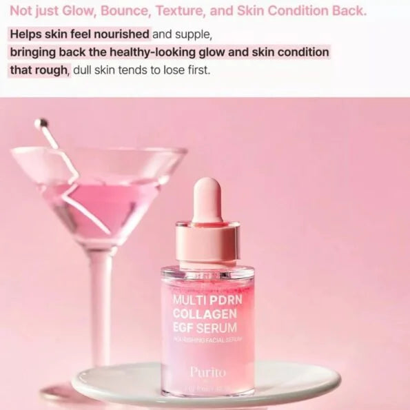 Purito Multi PDRN Collagen EGF Serum in a pink dropper bottle, displayed on a white plate next to a pink martini glass against a pink background, with promotional text above.