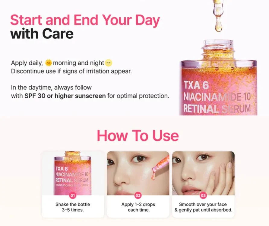 PURITO TXA 6 Niacinamide 10 Retinal Serum capsule texture for dark spots and uneven skin tone how to use