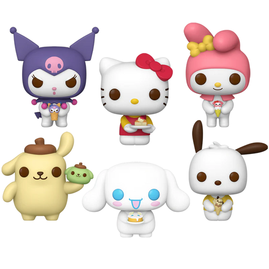 Sanrio Funko Pop vinyl figures featuring Kuromi, Hello Kitty, My Melody, Pompompurin, Cinnamoroll, and Pochacco holding ice cream or desserts in adorable outfits.