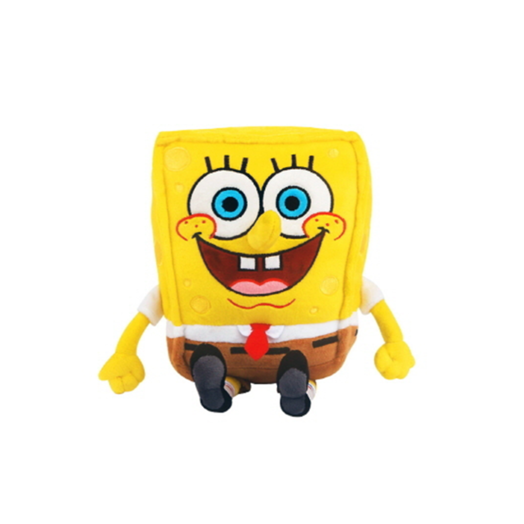 SpongeBob SquarePants plush toy with big blue eyes, classic white shirt, red tie, and brown pants – soft and cuddly Nickelodeon stuffed character for kids and cartoon fans.