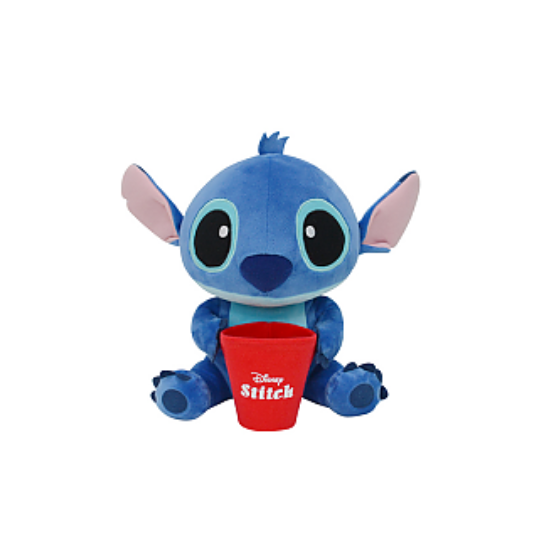 Disney Stitch plush toy holding a red cup, perfect for fans of Lilo & Stitch and collectible plushies.