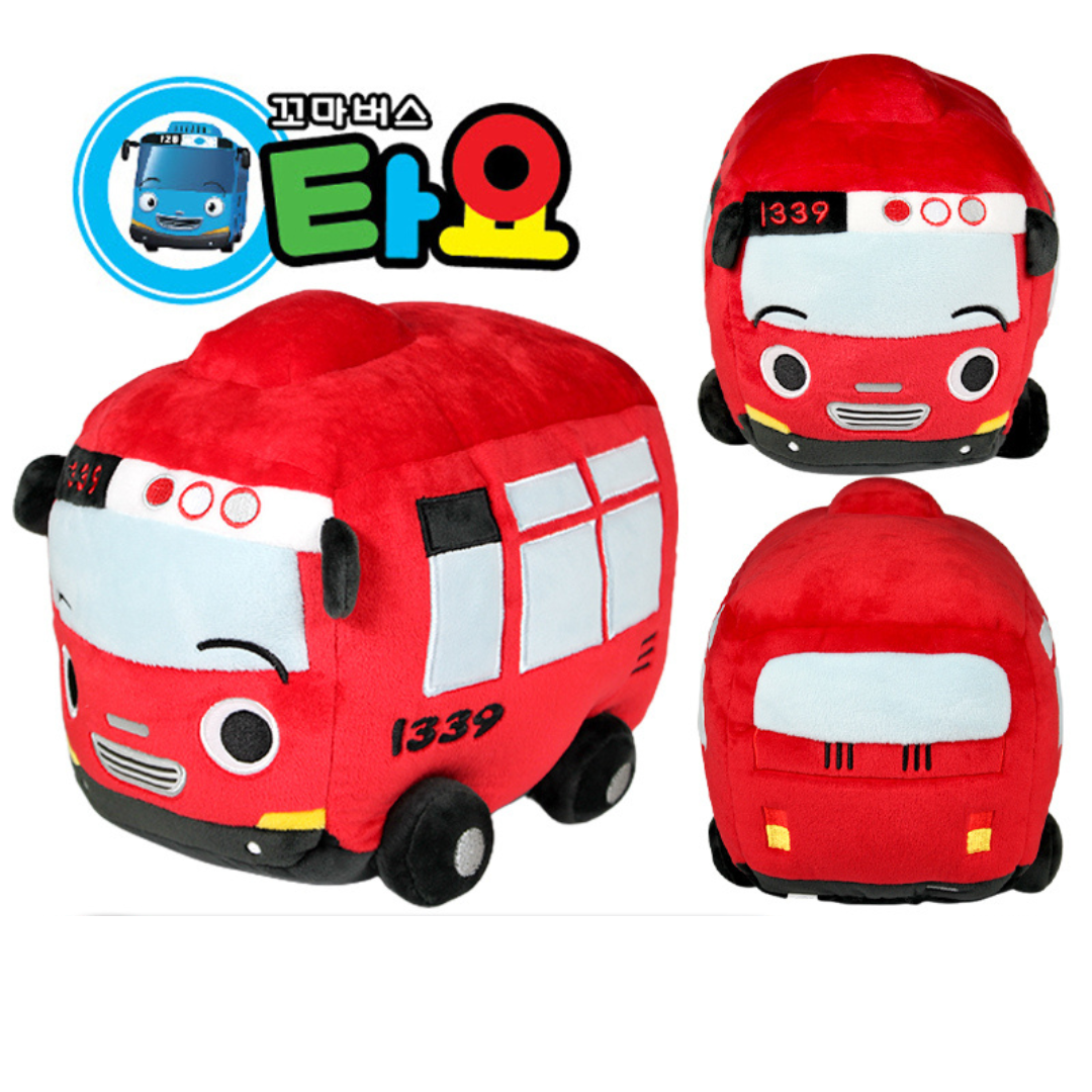 Tayo the Little Bus Gani plush toy in red, featuring embroidered eyes, bus number 1339, and soft wheels, inspired by the character from the Korean animated series.