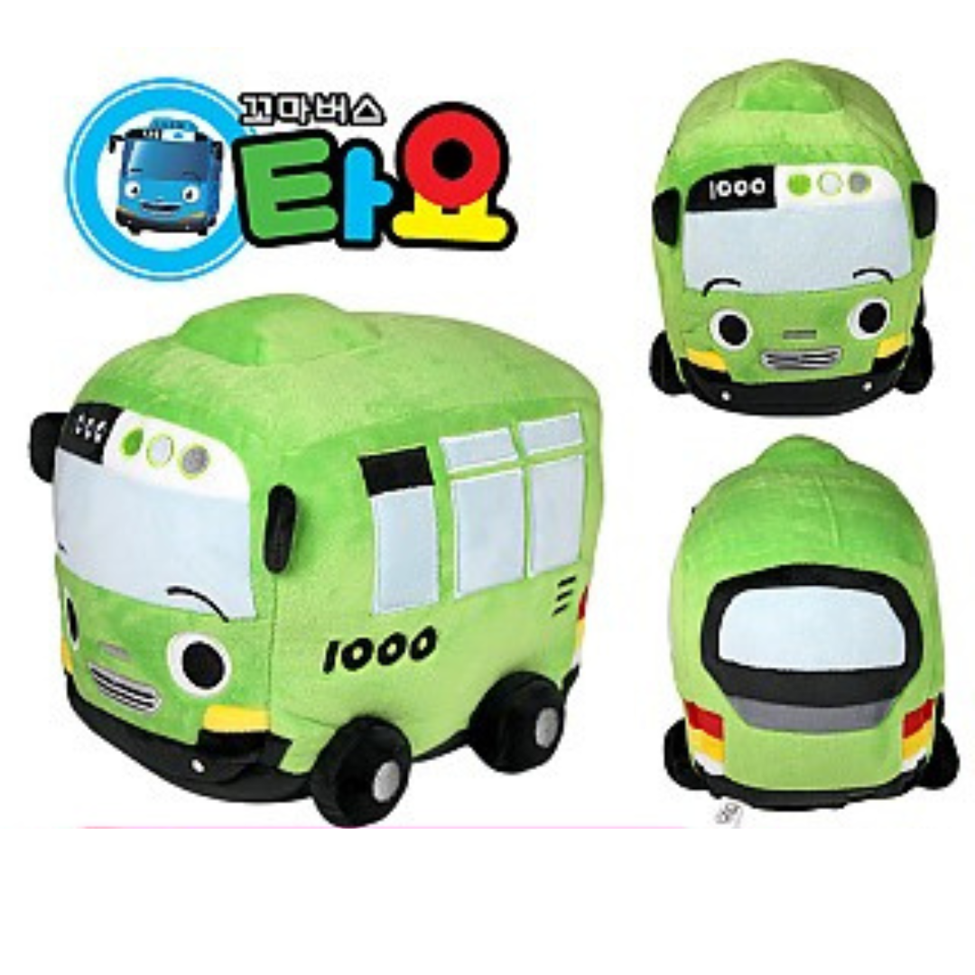 Tayo the Little Bus Rogi plush toy in bright green with embroidered windows and number 1000, based on the animated series character.