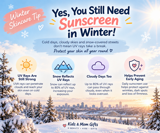 Edmonton winter sunscreen guide showing snowy Edmonton skyline and UV protection tips by Kids and Mom Gifts