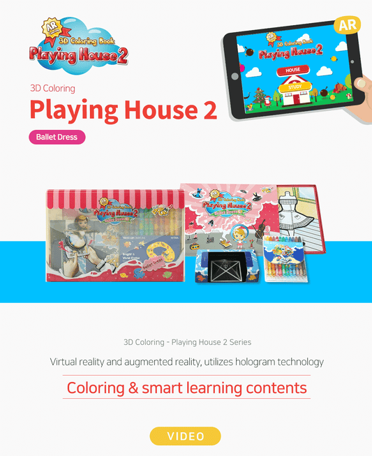 3D Coloring Book Playing House 2 Ballet Dress edition set, featuring AR and hologram-compatible coloring pages, color pencils, and app interface for interactive virtual experience.