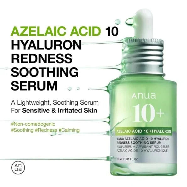 Anua Azelaic Acid 10 Hyaluron Redness Soothing Serum bottle with dropper on a white background