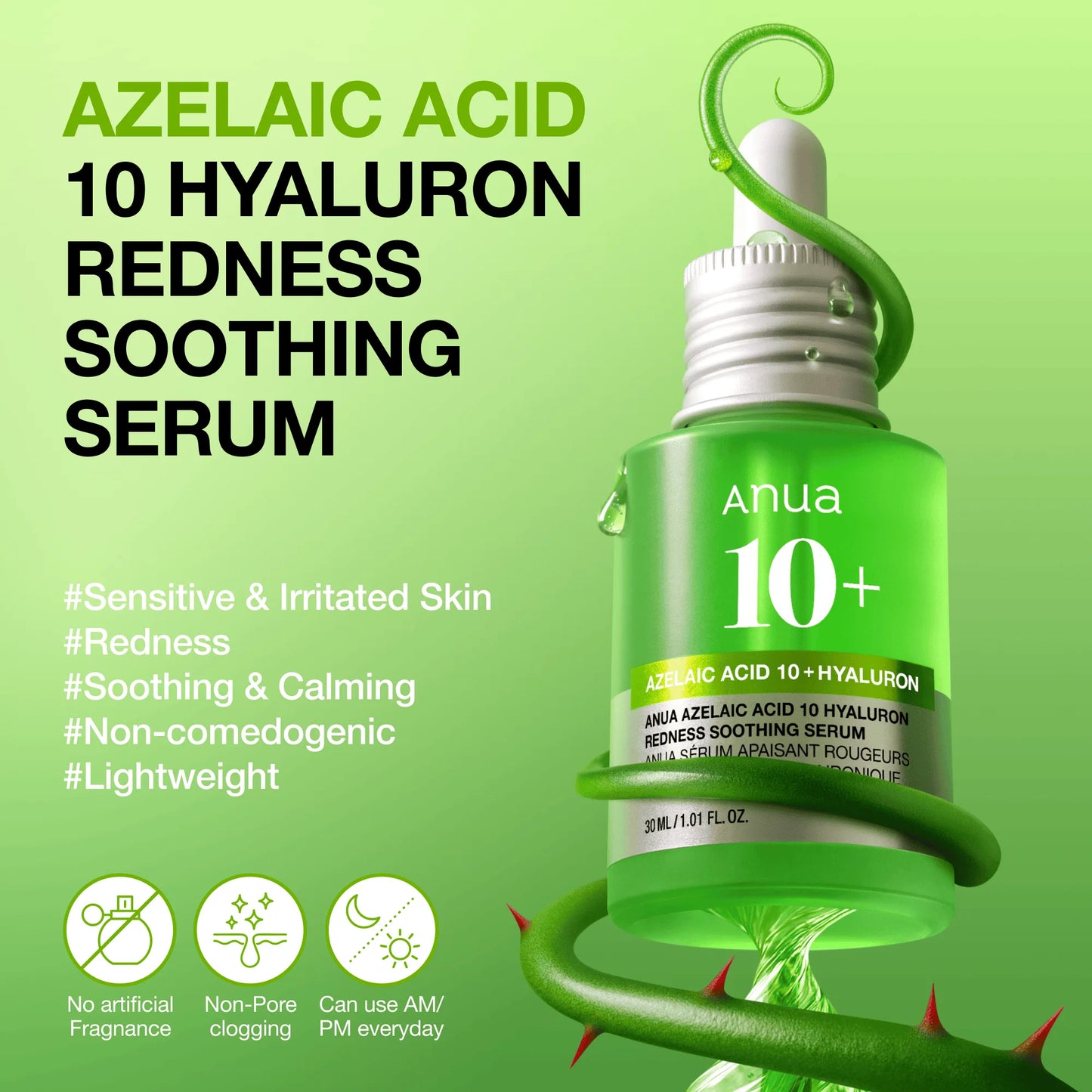 Anua 10+ Azelaic Acid 10 Hyaluron Redness Soothing Serum bottle with green background and text.