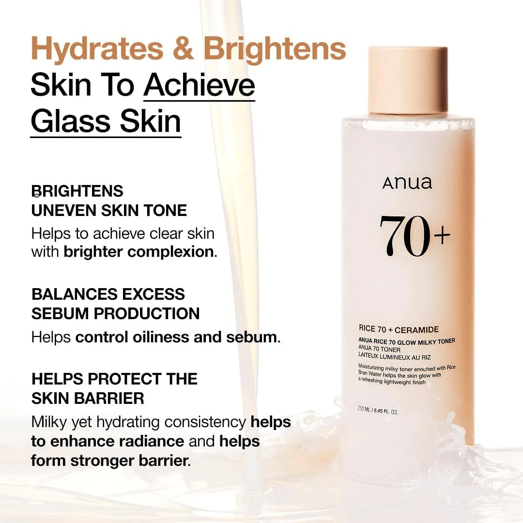 Anua Rice 70 Glow Milky Toner for glass skin hydration and moisture barrier care