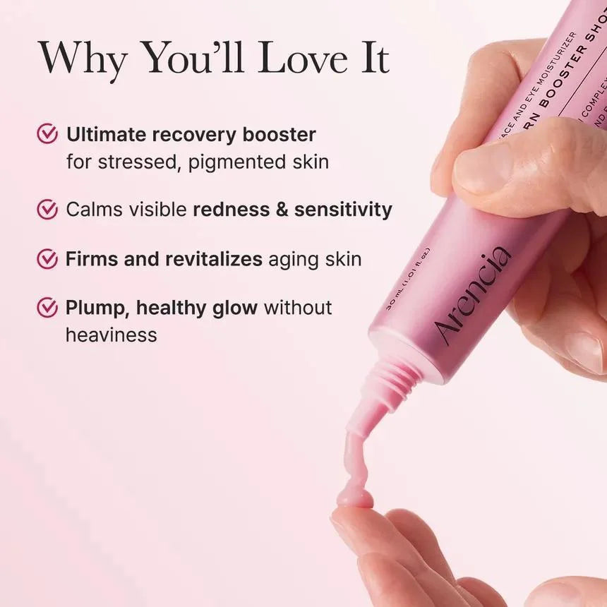 Arencia PDRN Booster shot being applied with text highlighting benefits on a white background