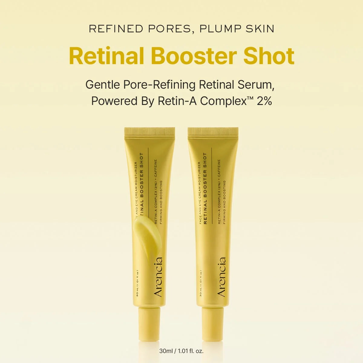 Two tubes of Arancia Retinal Booster Shot on a beige background with product details.