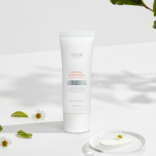 "Atomy Mineral Sunscreen SPF 50 – broad spectrum zinc oxide sunblock for UVA/UVB protection, suitable for all skin types, 75ml tube"