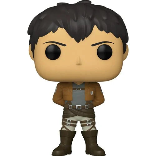 Funko Pop! Vinyl Figure of Bertholdt Hoover from Attack on Titan, dressed in Scout Regiment uniform with brown jacket, harness gear, and hands behind his back in a stoic pose.