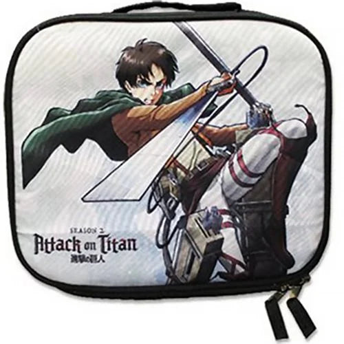 Attack on Titan Season 2 lunch bag featuring Eren Yeager in full ODM gear mid-air with swords drawn, on a white background with zipper closure.