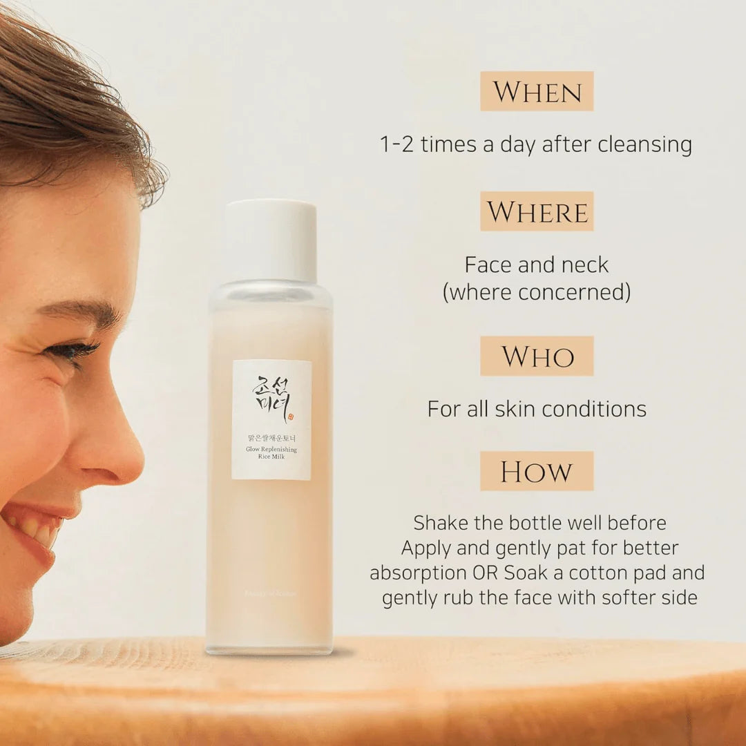 Skincare bottle with usage instructions on a neutral background