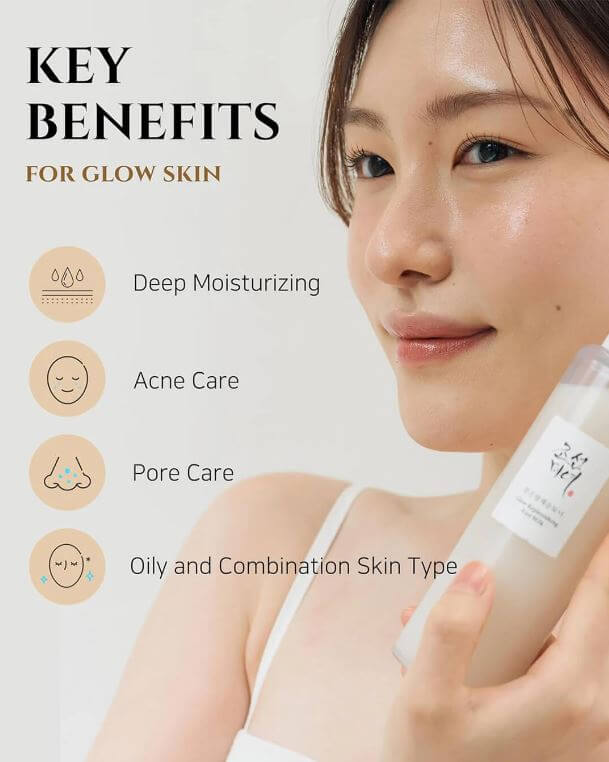 Woman holding a skincare product with key benefits for glow skin listed.