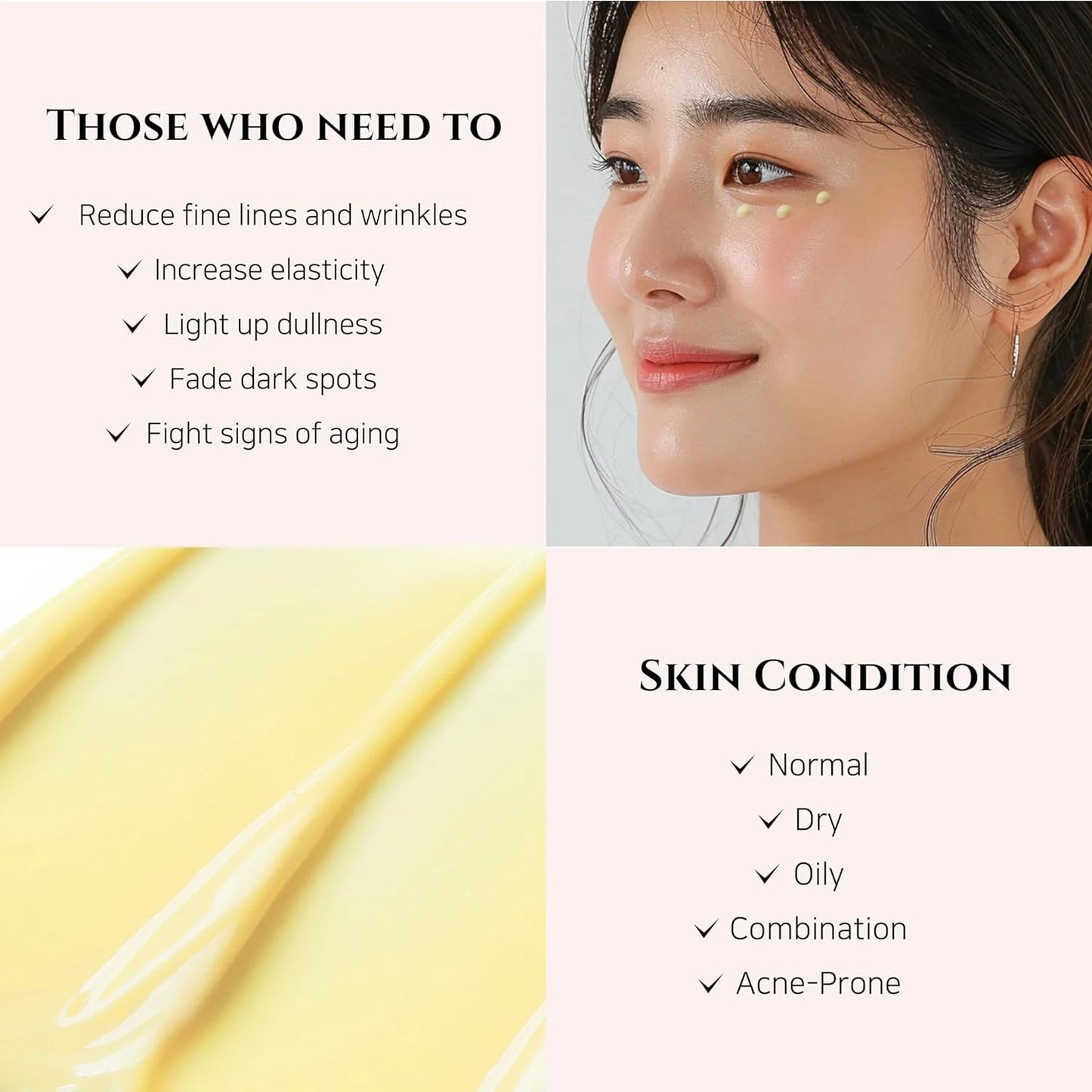 Product advertisement for skincare with a woman's face and text about skin conditions and benefits.