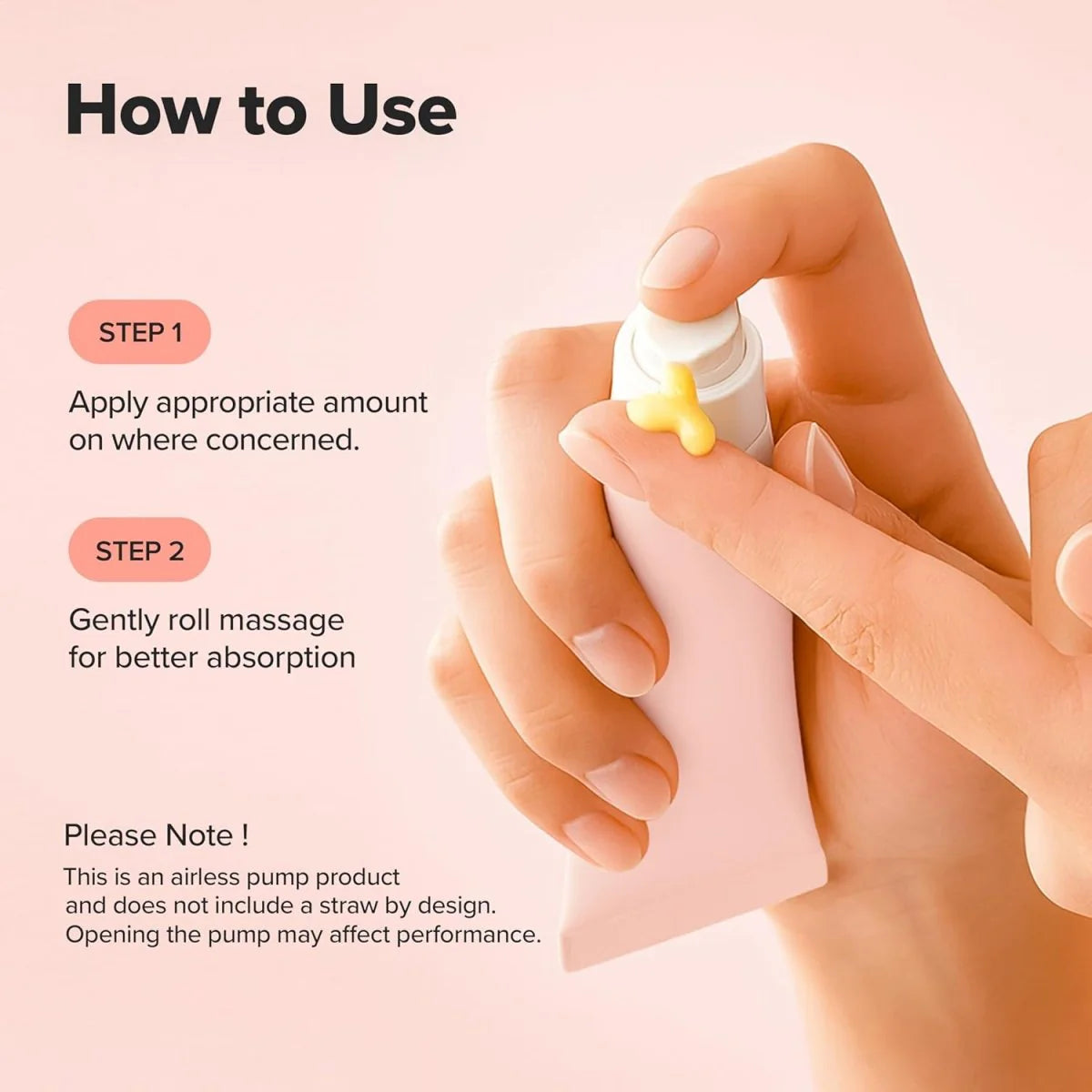 Hand using an airless pump to apply cream with text on how to use it.