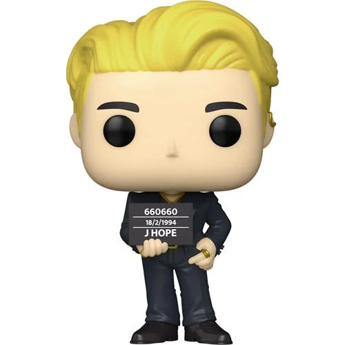 Funko Pop! Vinyl figure of BTS J-Hope from the “Butter” music video, featuring slicked-back blonde hair, black suit with gold accents, and a placard displaying his name and birthdate.