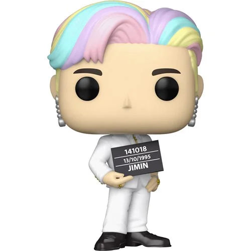 Funko Pop! Vinyl figure of BTS Jimin from the “Butter” music video, featuring pastel rainbow hair, a white suit with gold accessories, and a placard showing his name and birthdate.