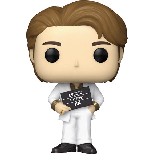 Funko Pop! Vinyl figure of BTS Jin from the “Butter” MV, wearing a white suit with gold trim, holding a placard with his name and birthdate, featuring slicked-back brown hair.