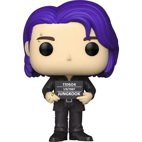Funko Pop! Vinyl figure of BTS Jungkook from the “Butter” music video, featuring long purple hair, black outfit, eyebrow piercing, and a placard with his name and birthdate.